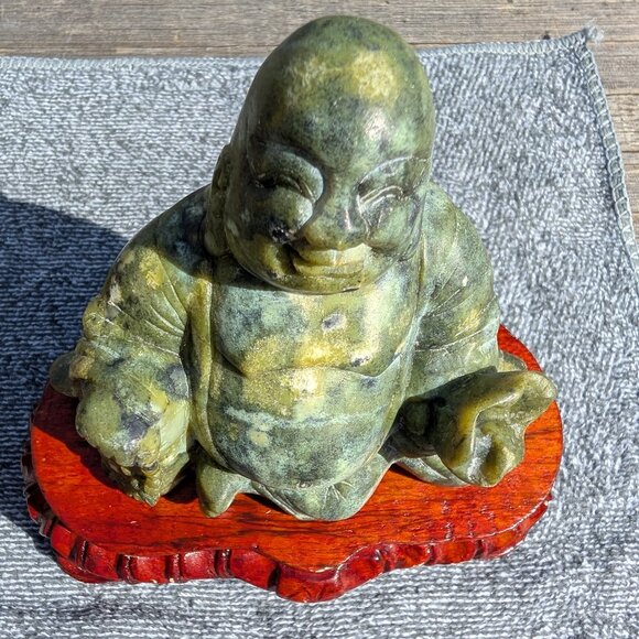Antique Old Estate 5”x6" Soapstone Seated Laughing Buddha with Wooden Base - Picture 2 of 5